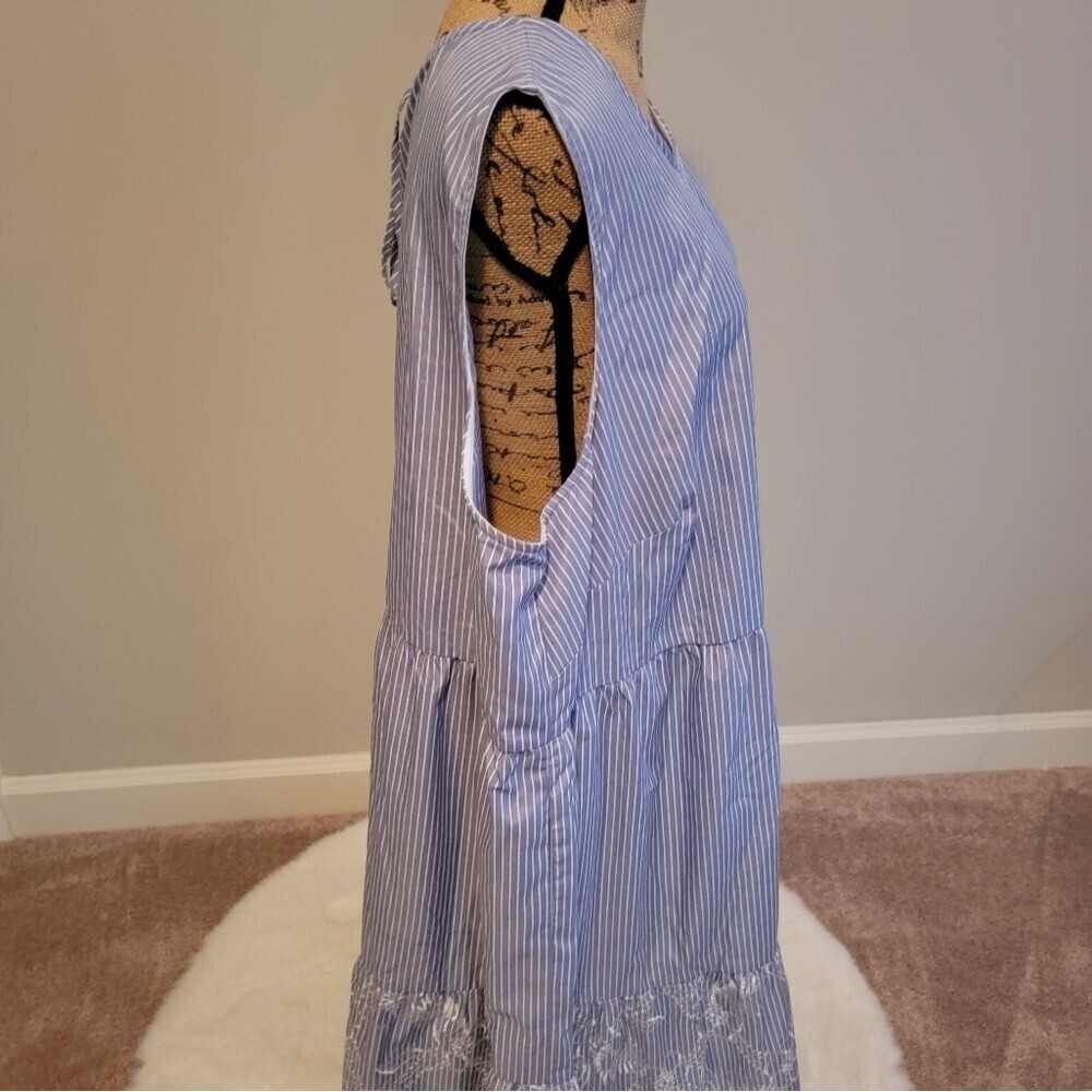 Sandra Darren blue white stripped dress with embroidered bottom - Picture 2 of 5
